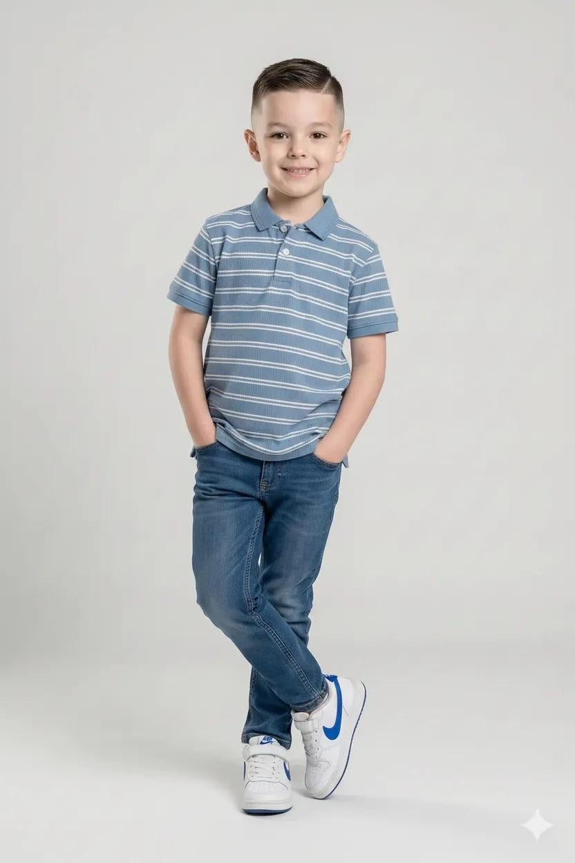 Boys Oxford Blue Striped Polo Collar T-shirt