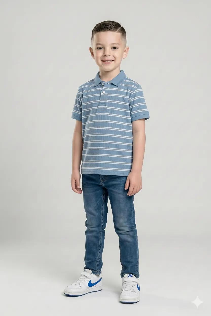 Boys Oxford Blue Striped Polo Collar T-shirt