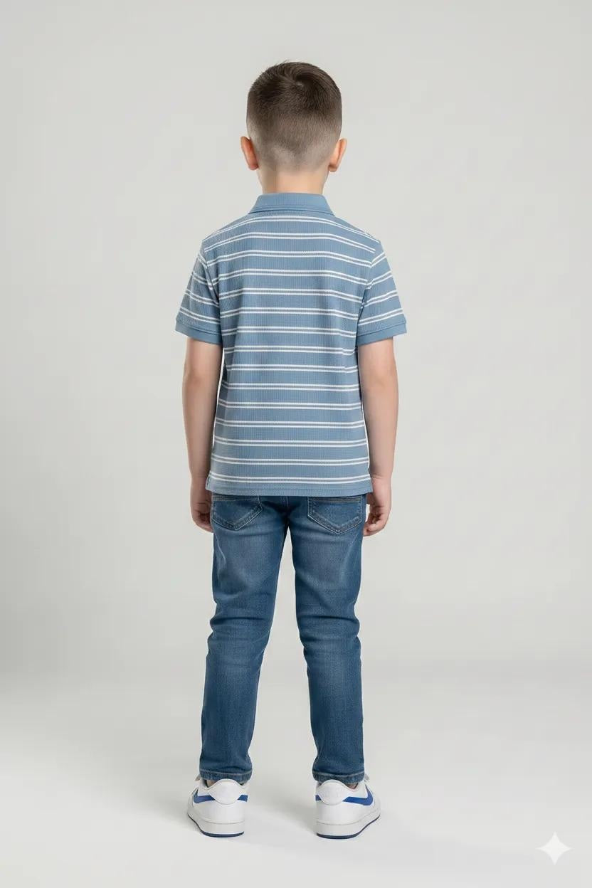 Boys Oxford Blue Striped Polo Collar T-shirt