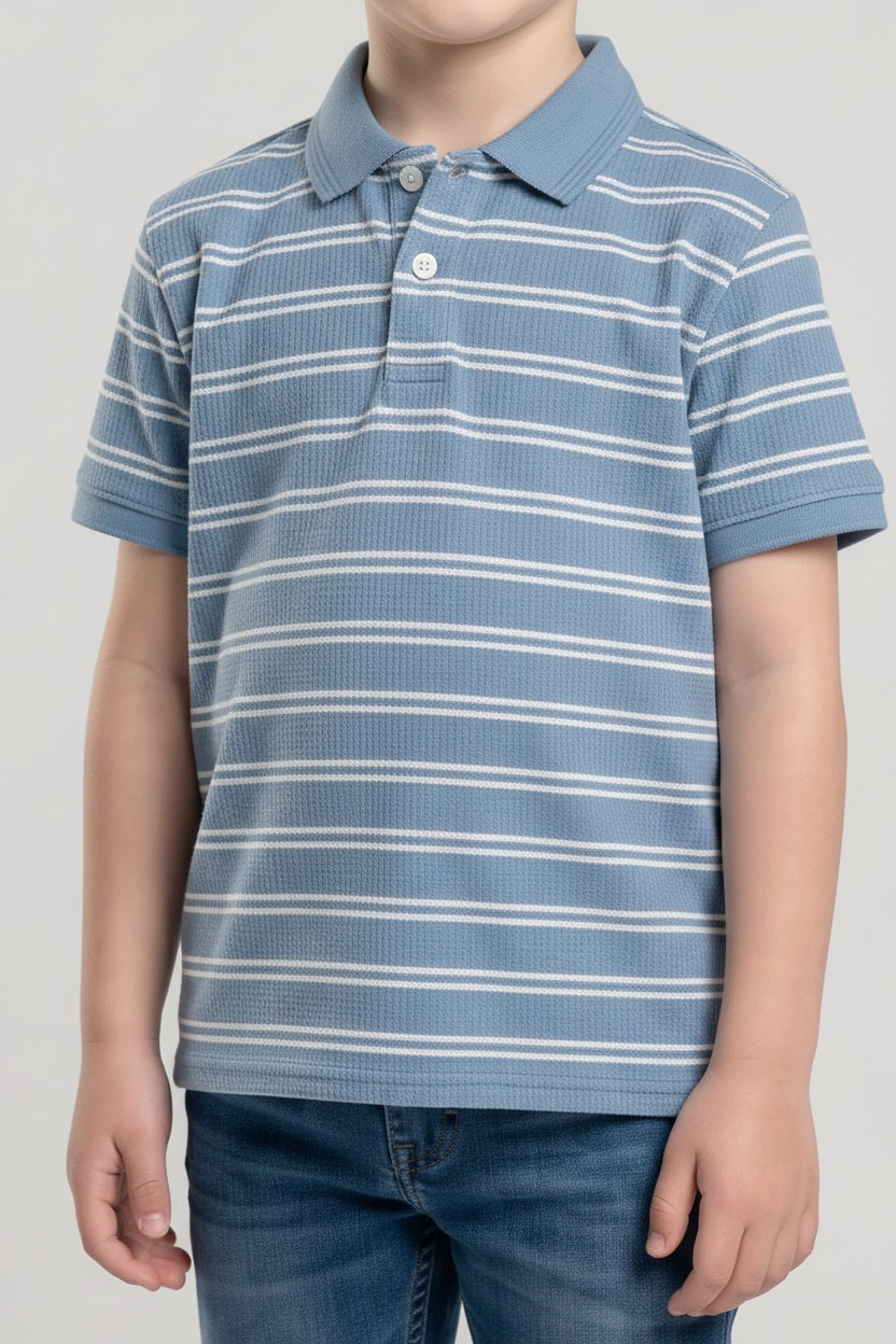Boys Oxford Blue Striped Polo Collar T-shirt