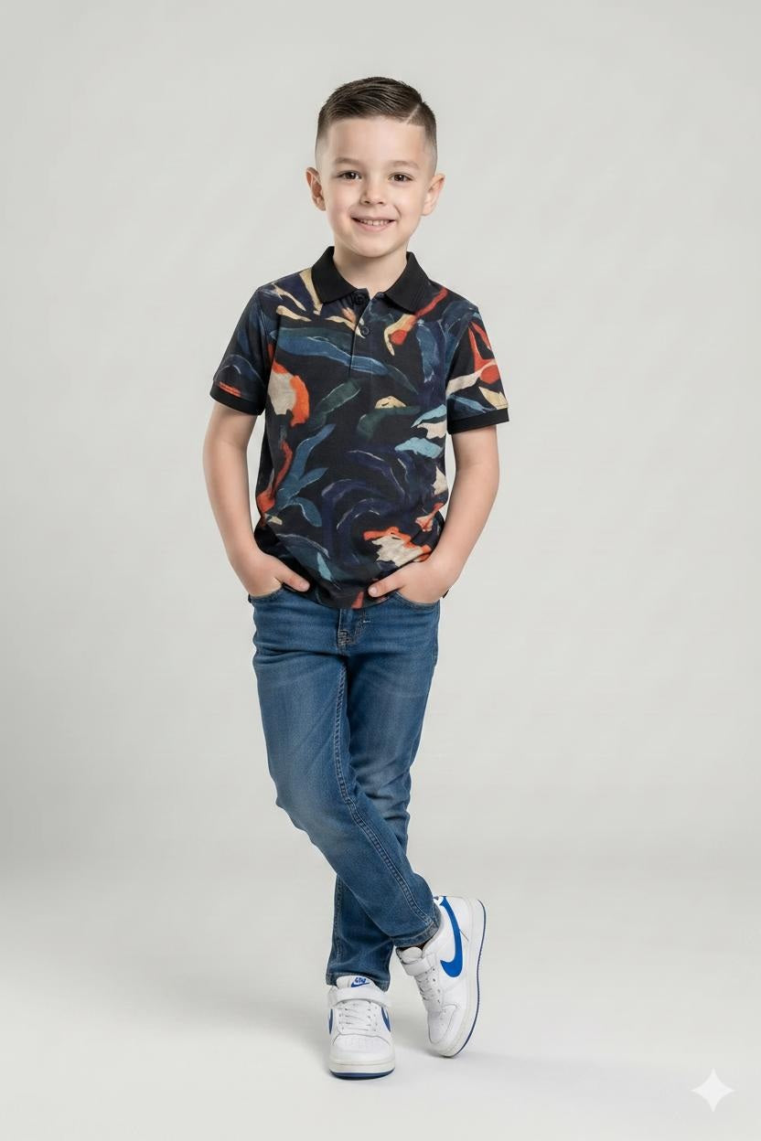 Boys Colourblocked Polo Collar T-shirt