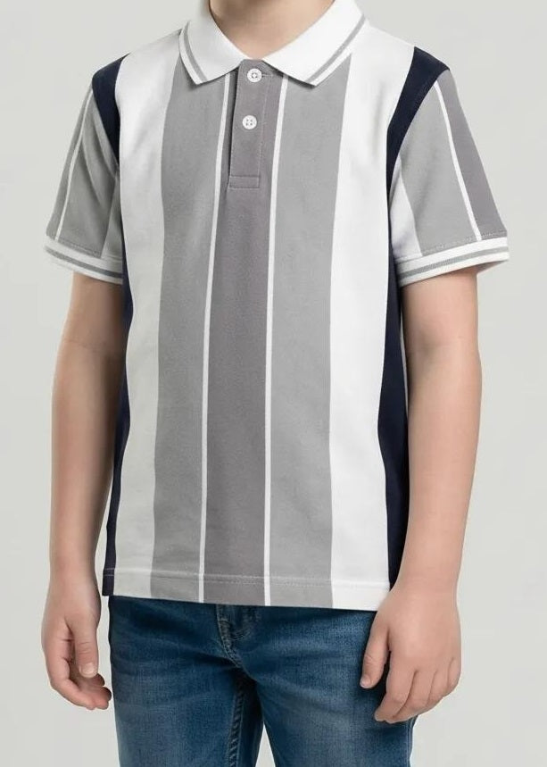 Octave Boys Grey Striped Polo Collar T-shirt
