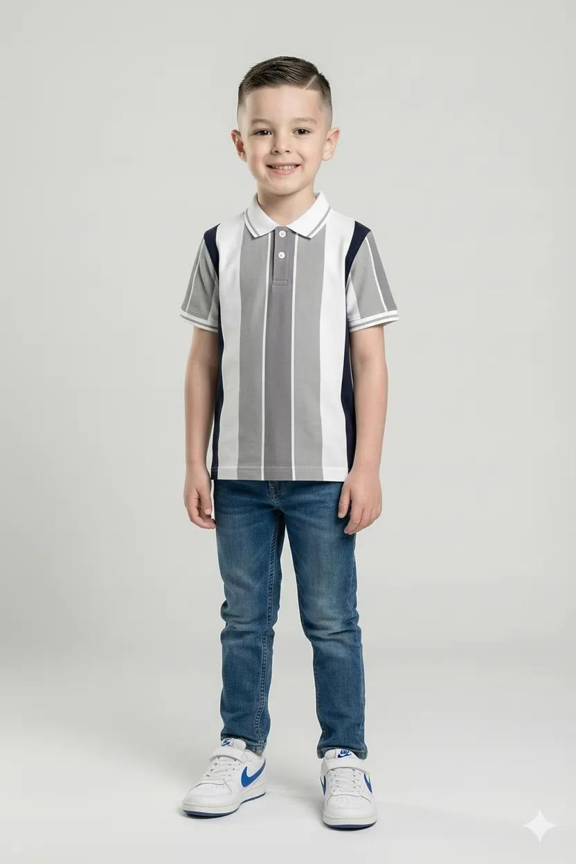 Octave Boys Grey Striped Polo Collar T-shirt