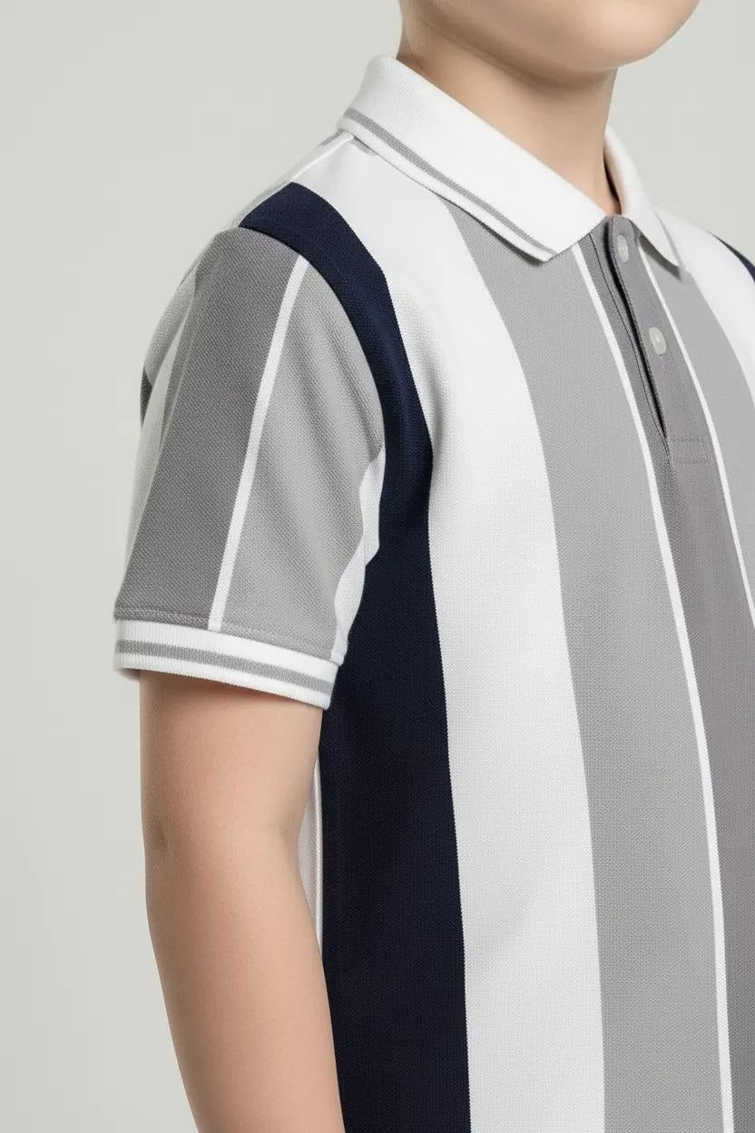 Octave Boys Grey Striped Polo Collar T-shirt