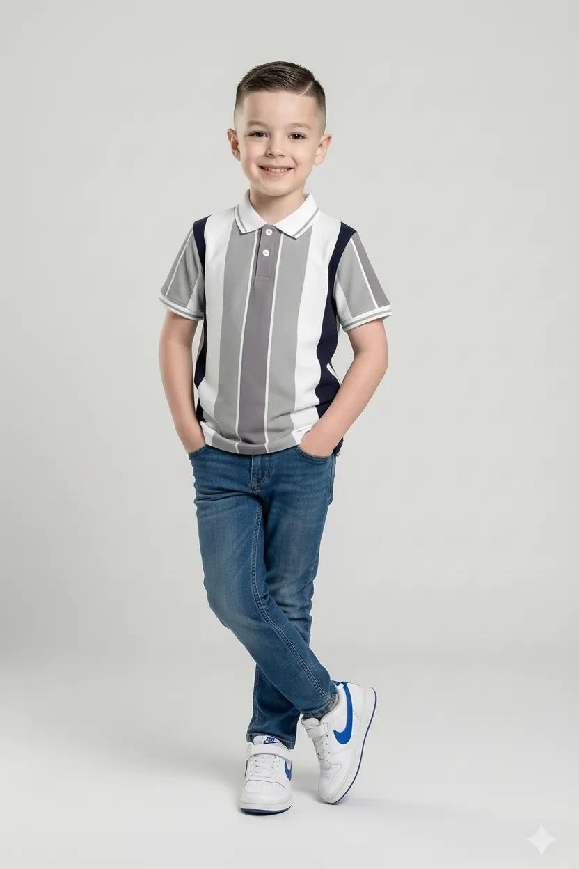 Octave Boys Grey Striped Polo Collar T-shirt