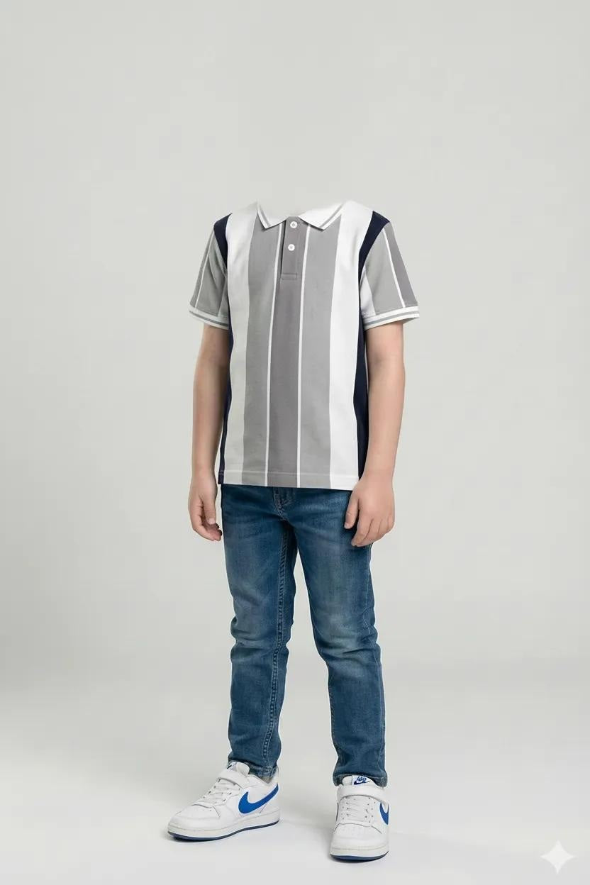 Octave Boys Grey Striped Polo Collar T-shirt