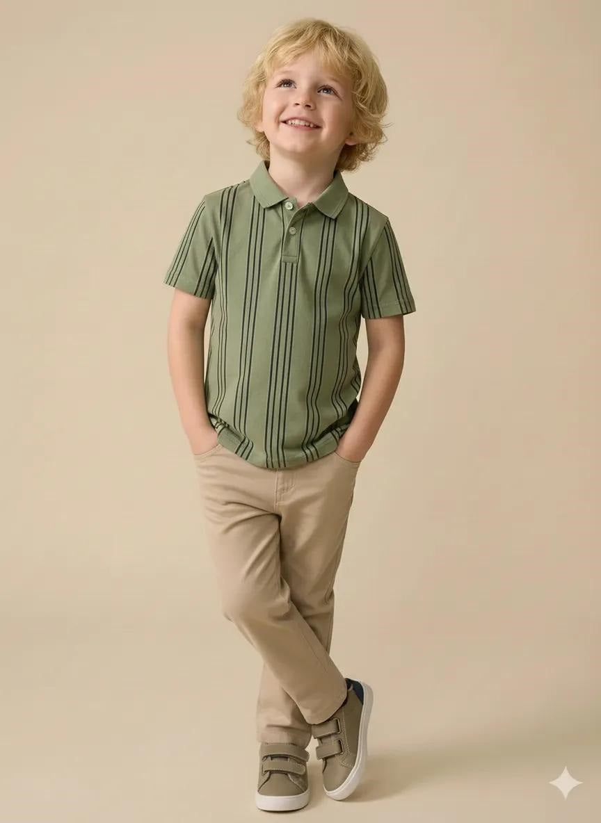 Boys Light Green Striped Polo Collared Short Sleeves T-shirt
