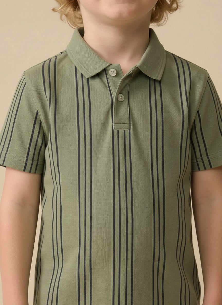 Boys Light Green Striped Polo Collared Short Sleeves T-shirt