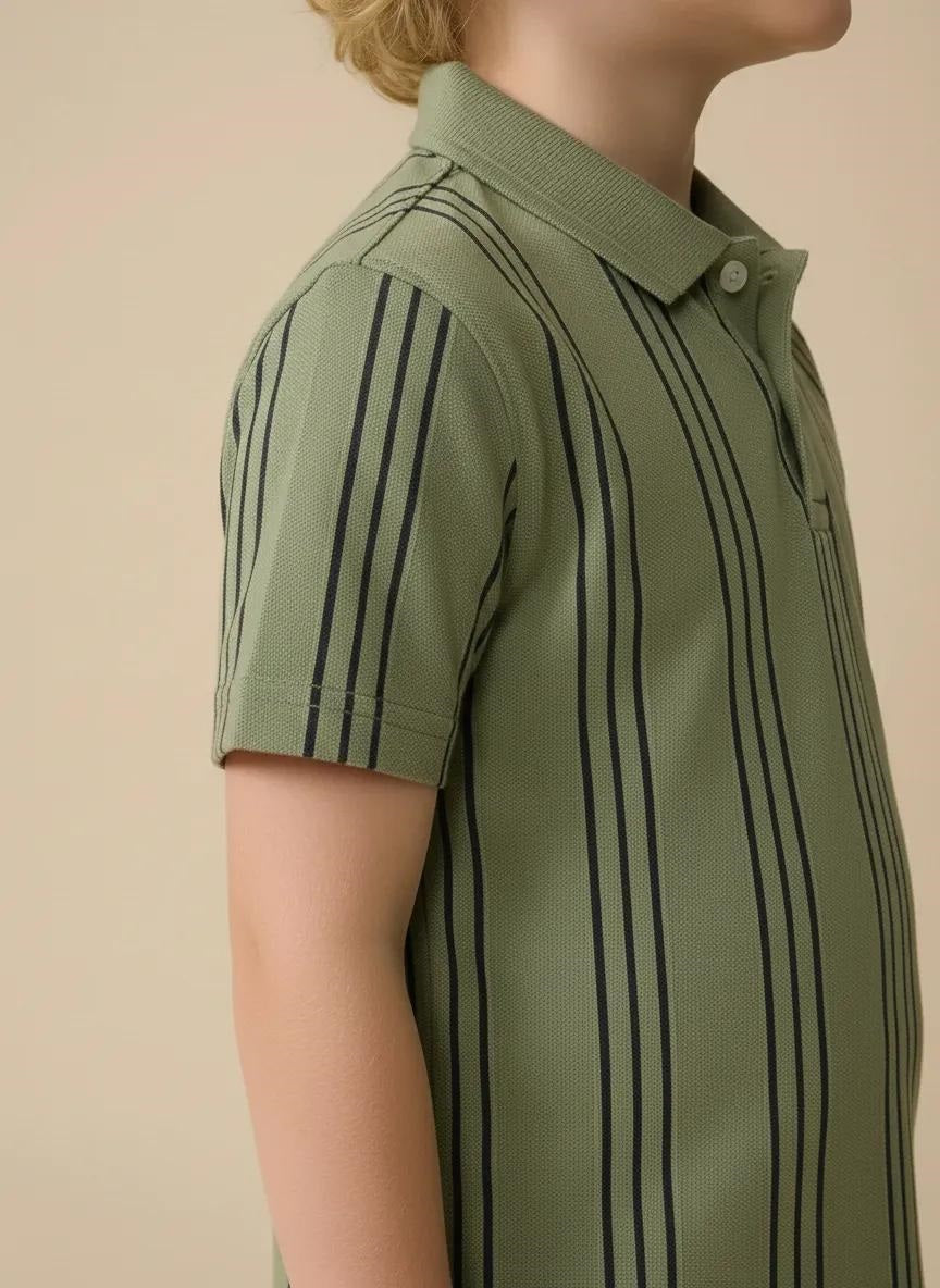 Boys Light Green Striped Polo Collared Short Sleeves T-shirt
