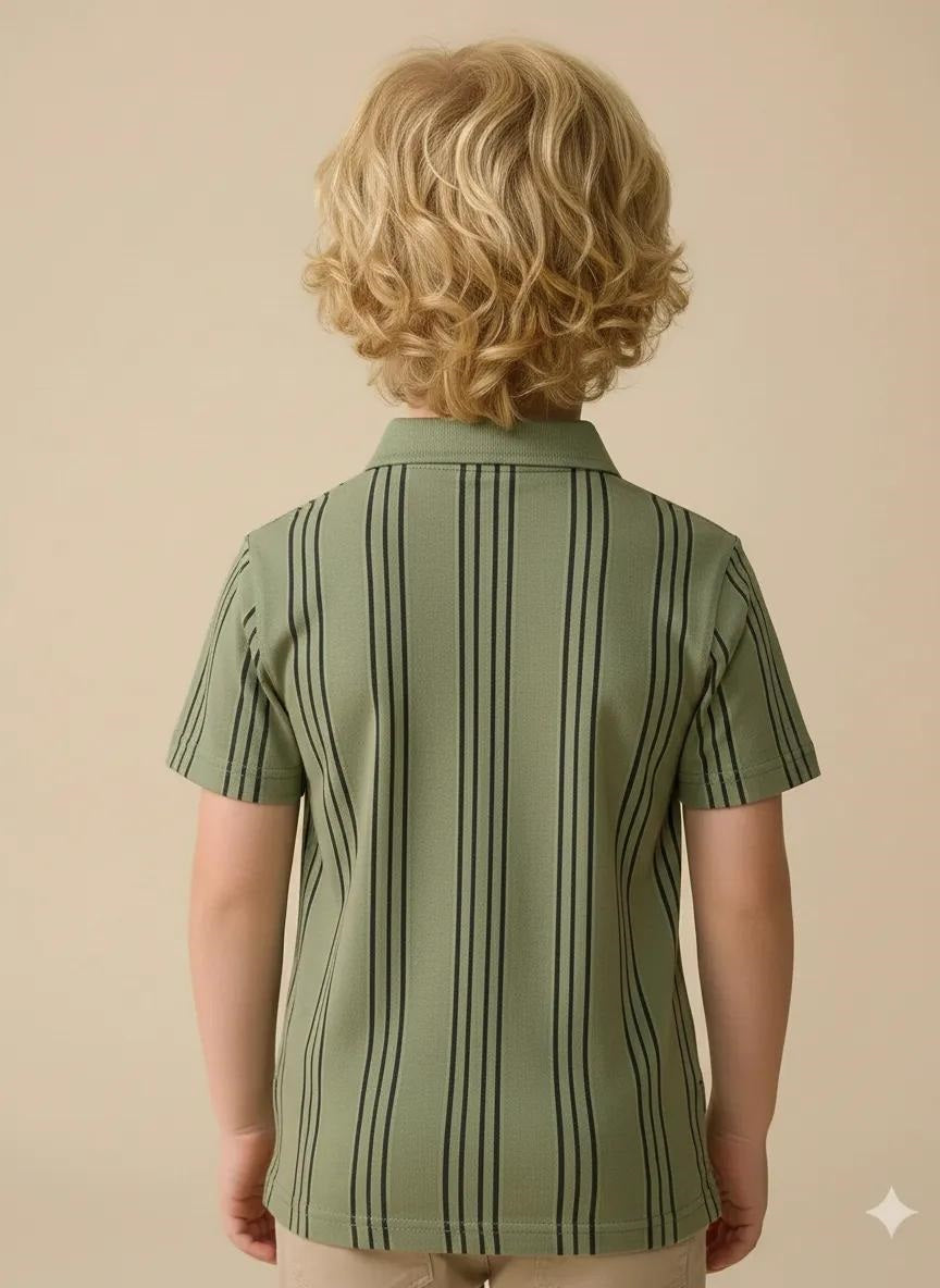 Boys Light Green Striped Polo Collared Short Sleeves T-shirt