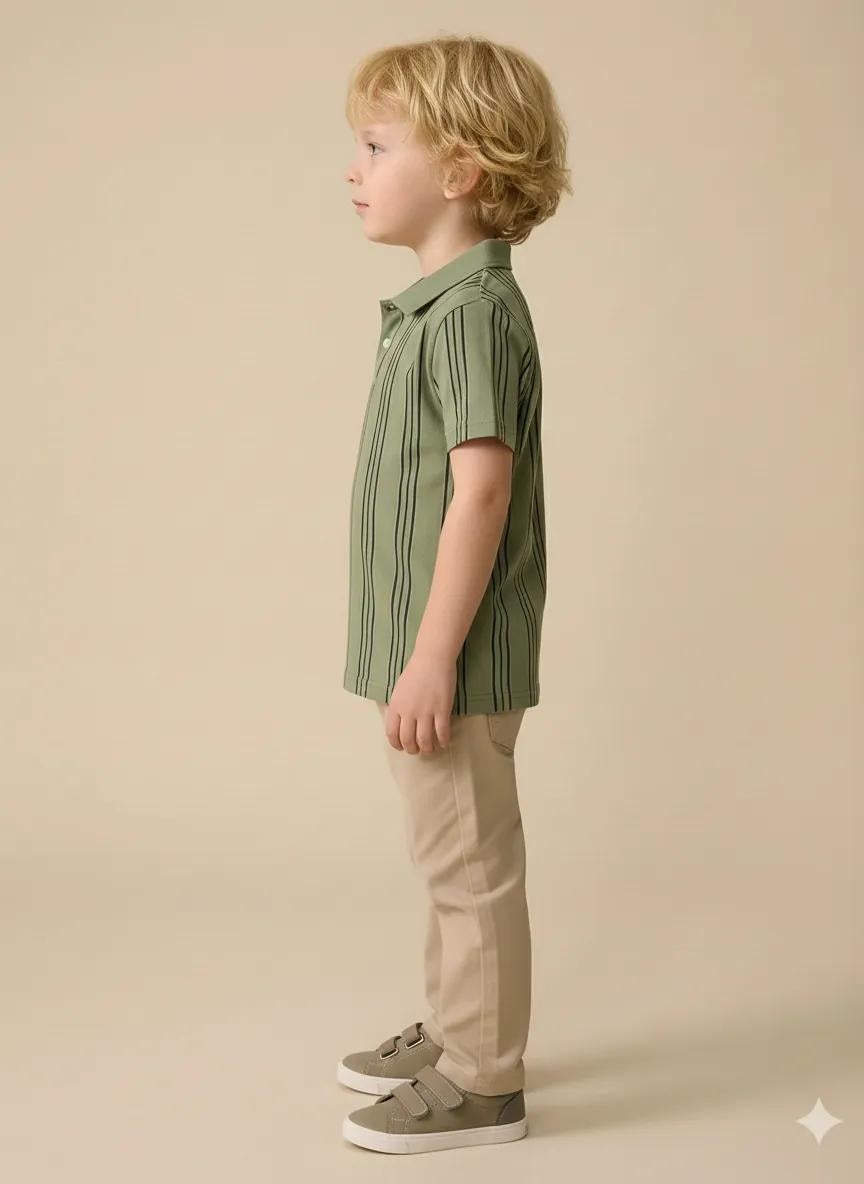 Boys Light Green Striped Polo Collared Short Sleeves T-shirt