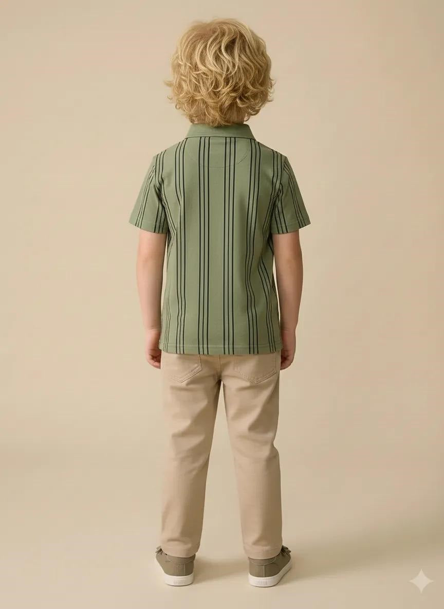Boys Light Green Striped Polo Collared Short Sleeves T-shirt