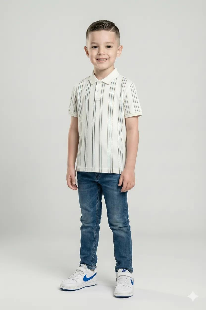 Boys White Striped Polo Collar Cotton T-shirt