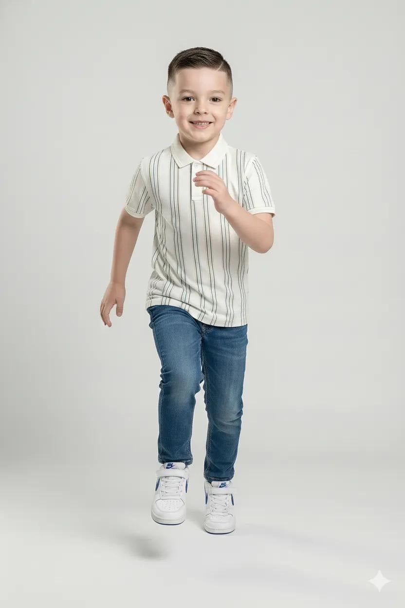 Boys White Striped Polo Collar Cotton T-shirt