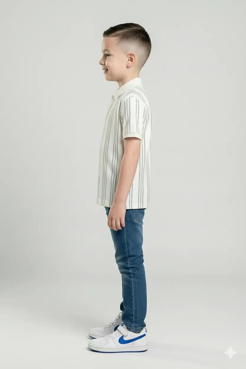Boys White Striped Polo Collar Cotton T-shirt