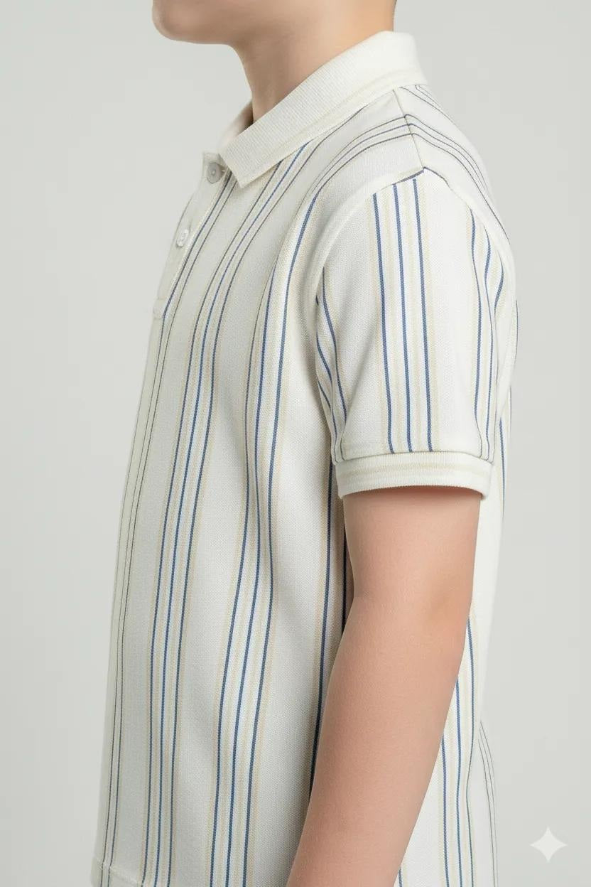 Boys White Striped Polo Collar Cotton T-shirt