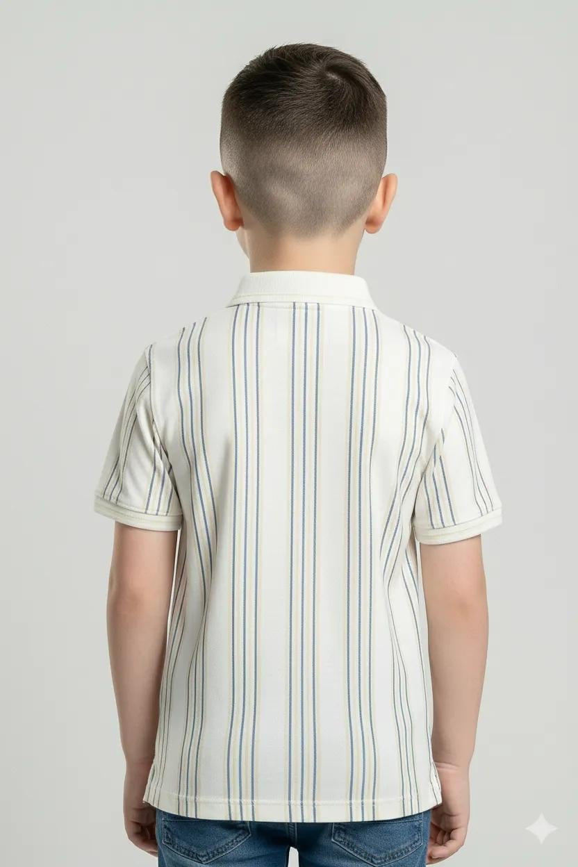 Boys White Striped Polo Collar Cotton T-shirt