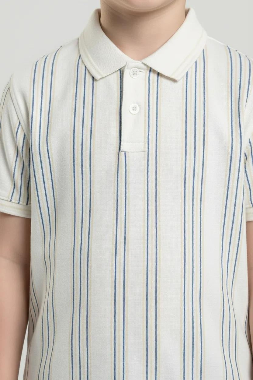 Boys White Striped Polo Collar Cotton T-shirt