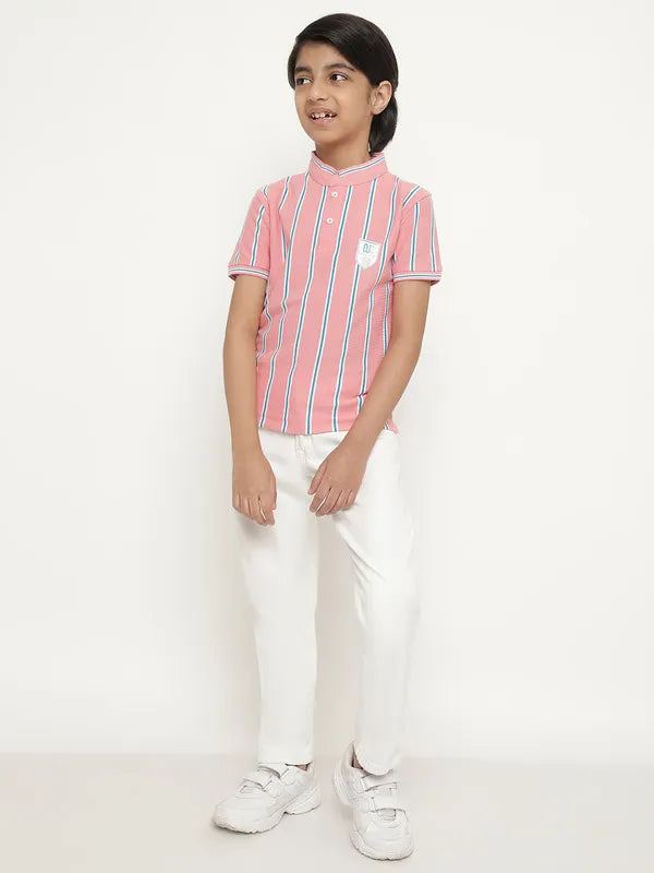 Octave Boys Vertical Striped Mandarin Collar Cotton T-Shirt