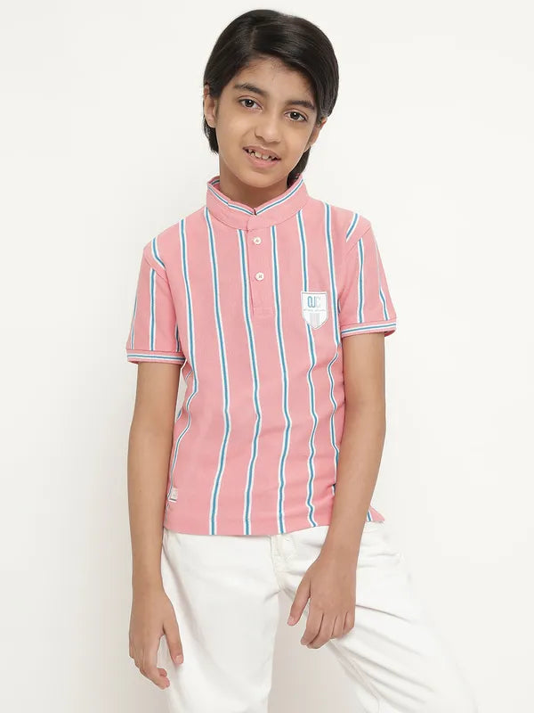 Octave Boys Vertical Striped Mandarin Collar Cotton T-Shirt