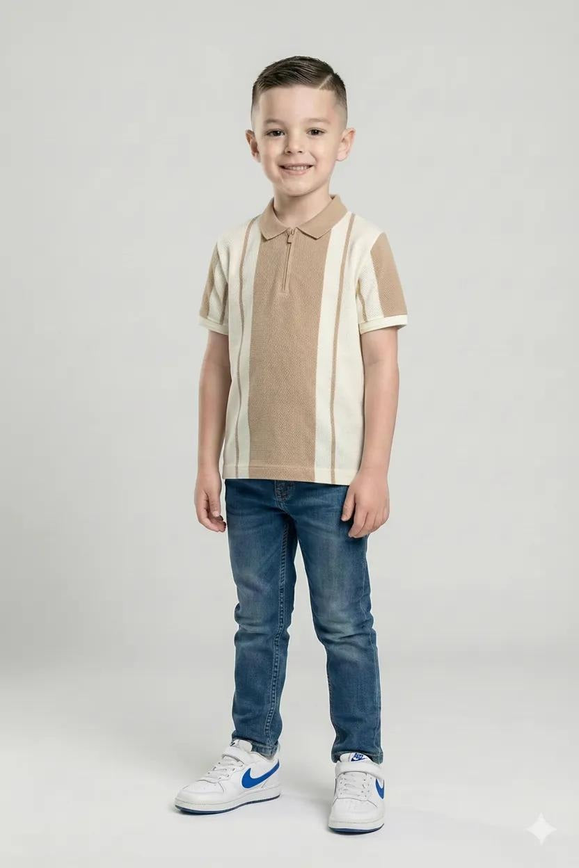 Boy Khaki ColourBlocked Polo Neck T-Shirt