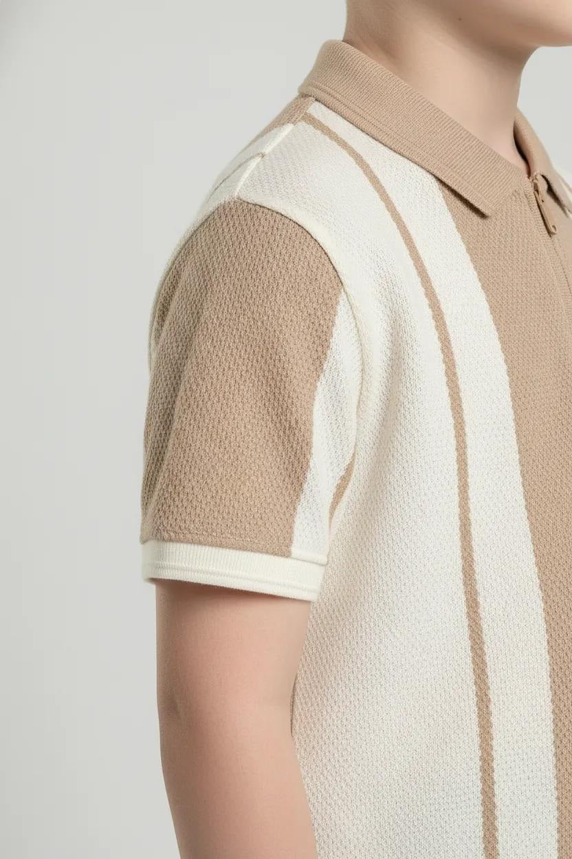 Boy Khaki ColourBlocked Polo Neck T-Shirt