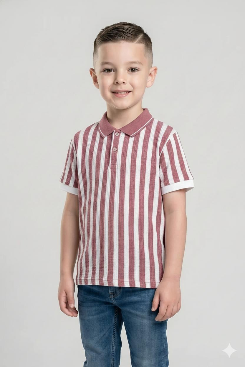 Boys Suede Pink Striped Polo Collar T-shirt