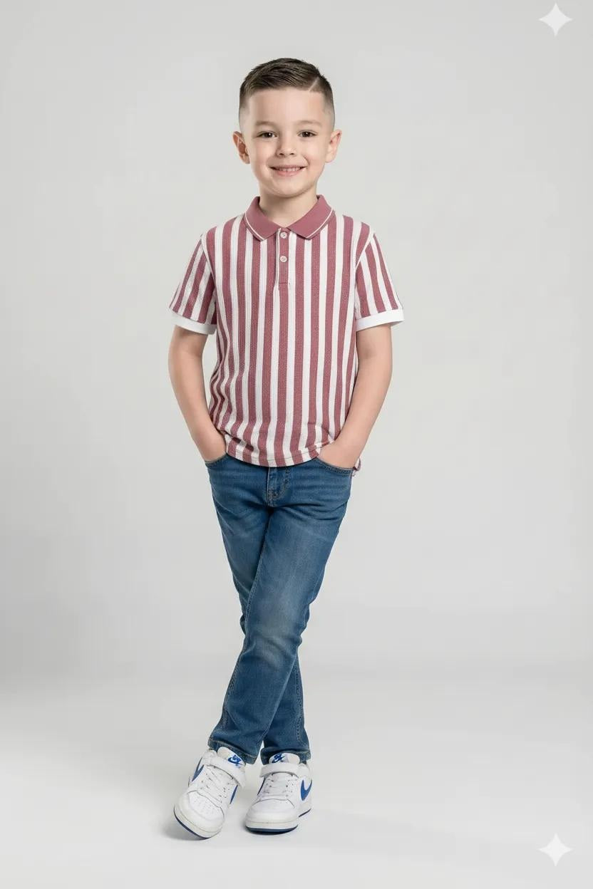 Boys Suede Pink Striped Polo Collar T-shirt