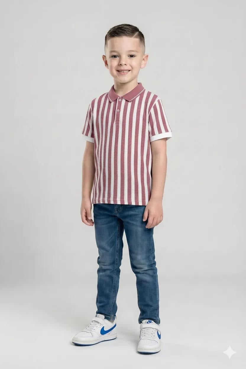 Boys Suede Pink Striped Polo Collar T-shirt
