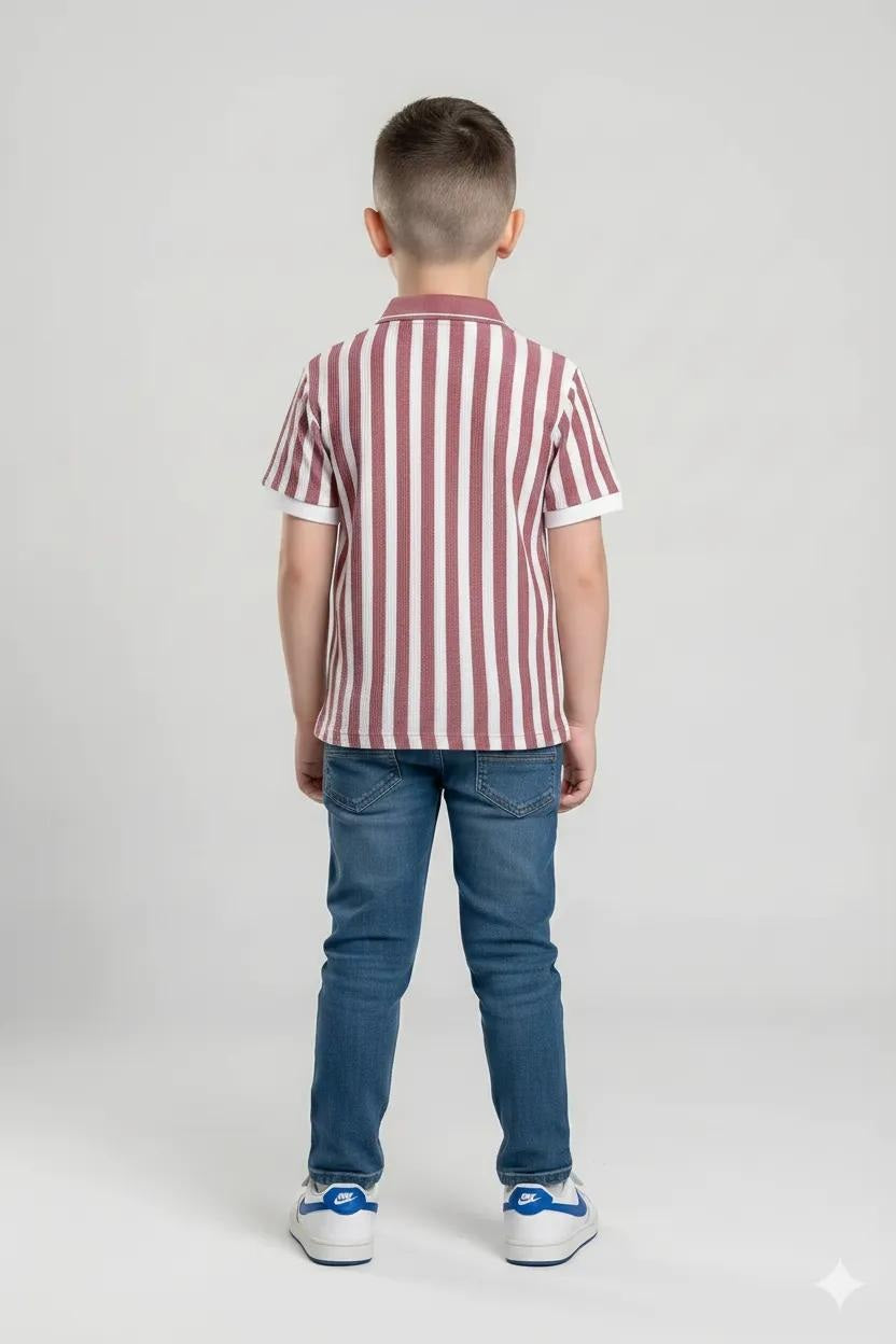 Boys Suede Pink Striped Polo Collar T-shirt