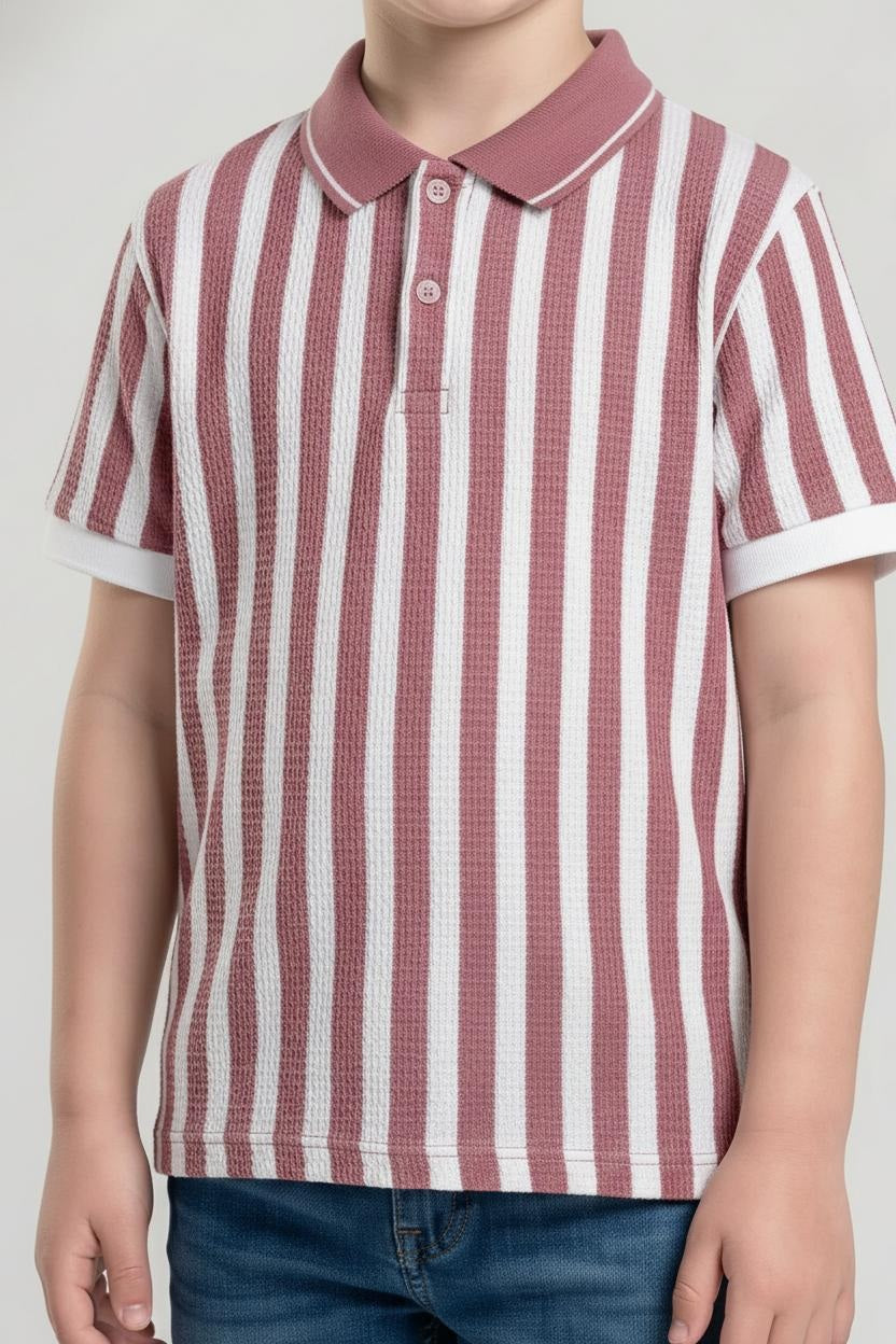 Boys Suede Pink Striped Polo Collar T-shirt