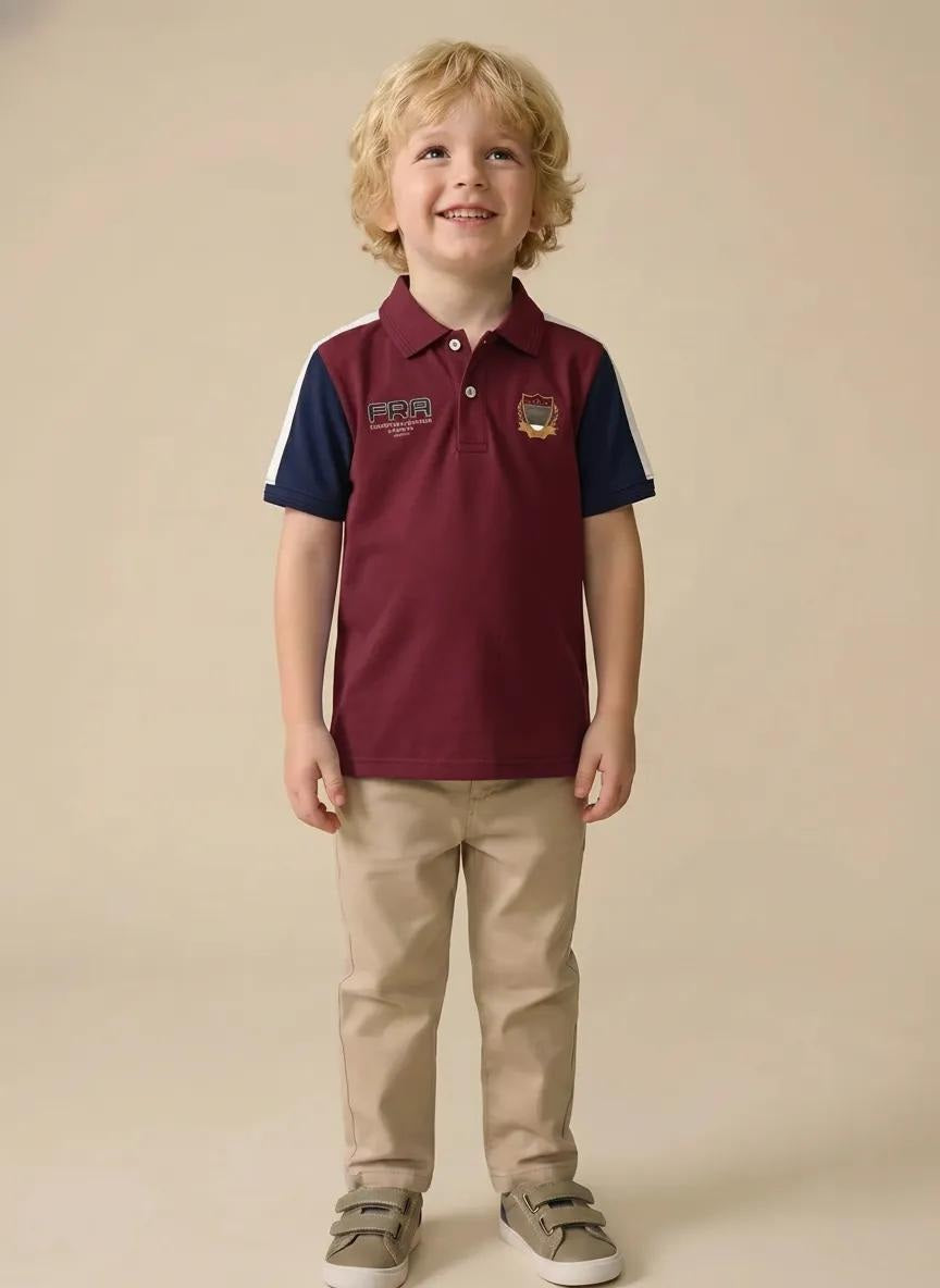 Boys Merlot Printed Polo Collar T-shirt
