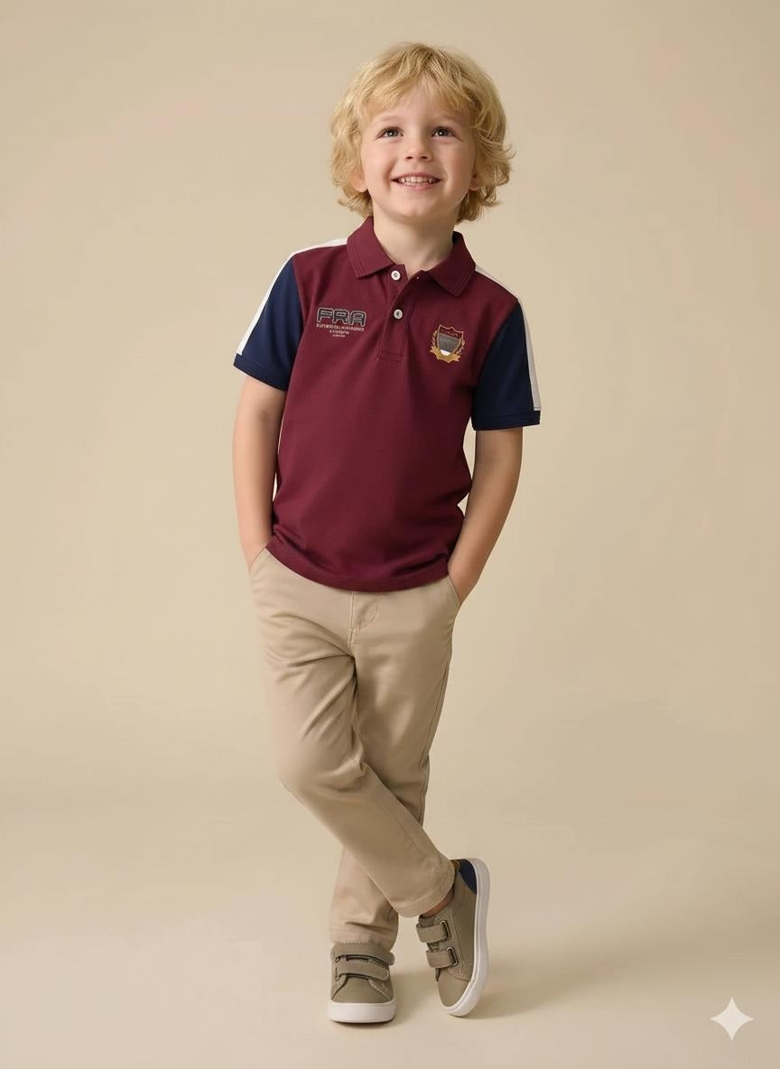 Boys Merlot Printed Polo Collar T-shirt