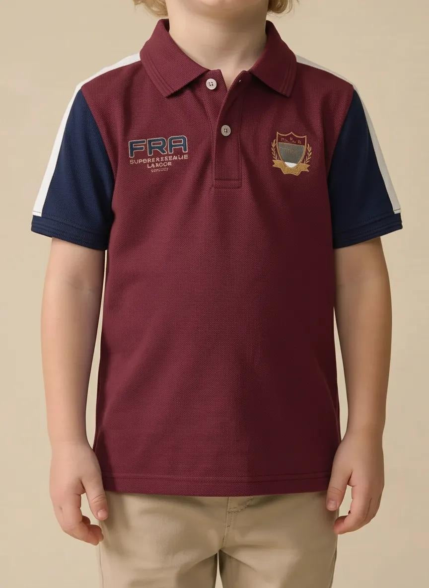 Boys Merlot Printed Polo Collar T-shirt