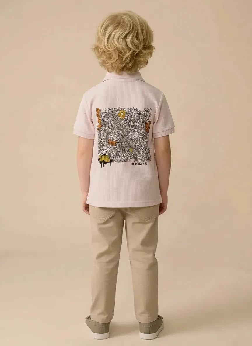 Boys Barely Pink Printed Polo Collar T-shirt