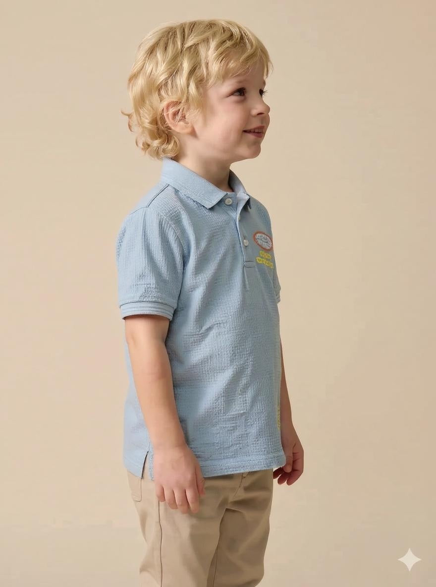 Boys Oxford Blue Printed Polo Collar T-shirt