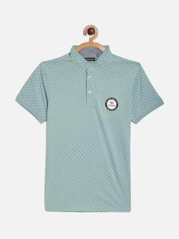 Octave Boys Teal Printed Mandarin Collar Cotton T-Shirt