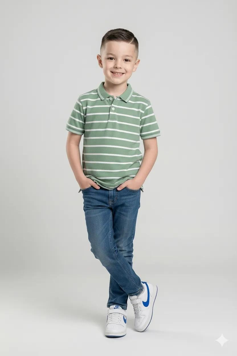 Octave Boys Mist Striped Polo Collar Tshirt