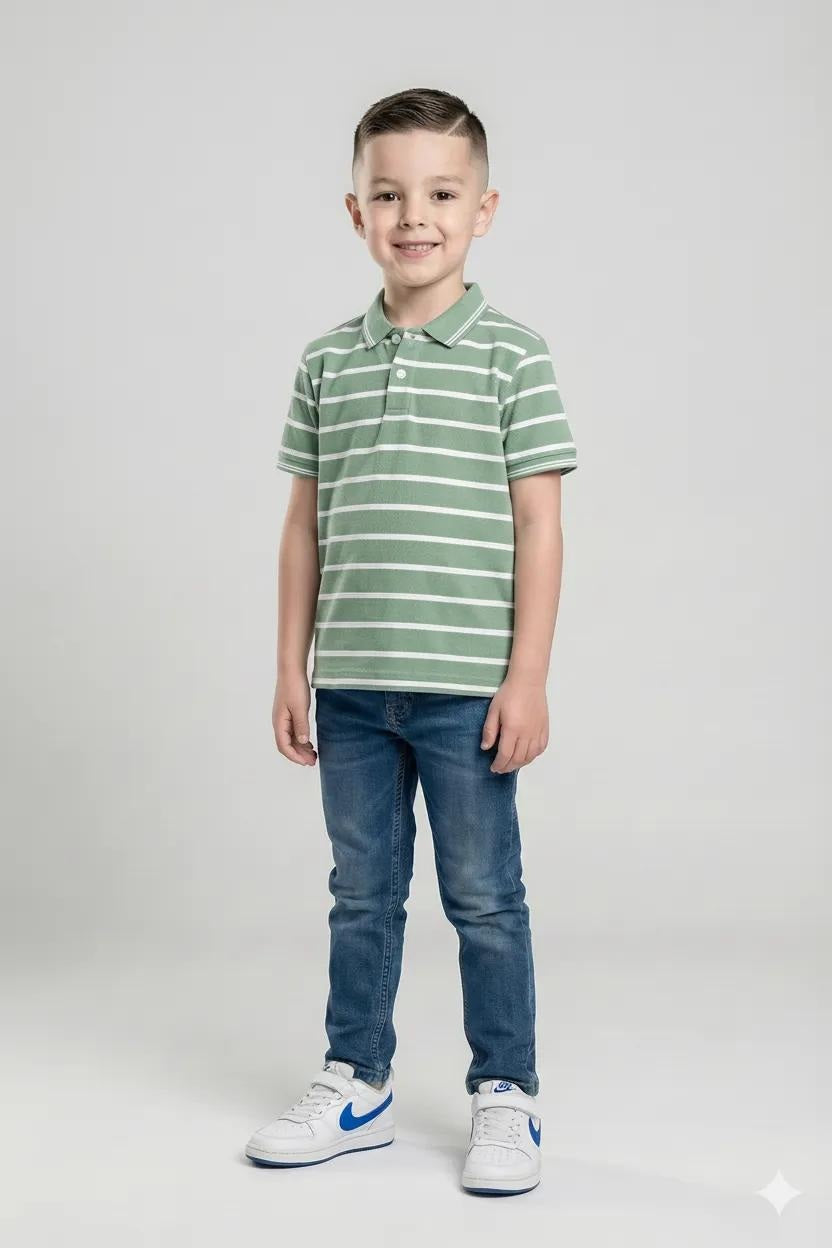 Octave Boys Mist Striped Polo Collar Tshirt