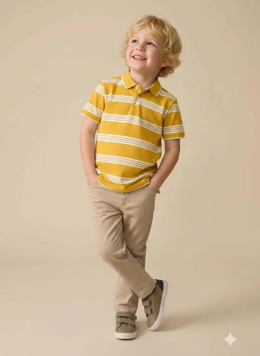 Boys Mustard Striped Polo Collar T-shirt