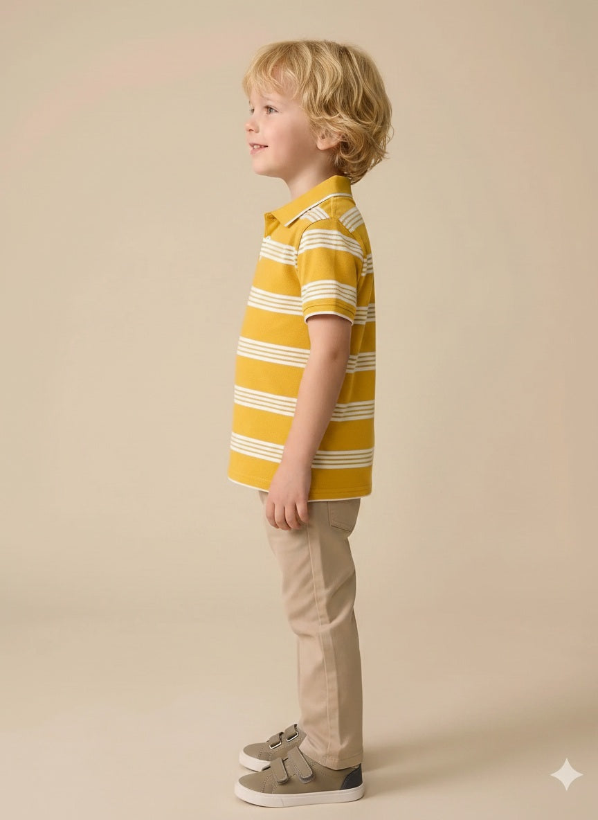 Boys Mustard Striped Polo Collar T-shirt