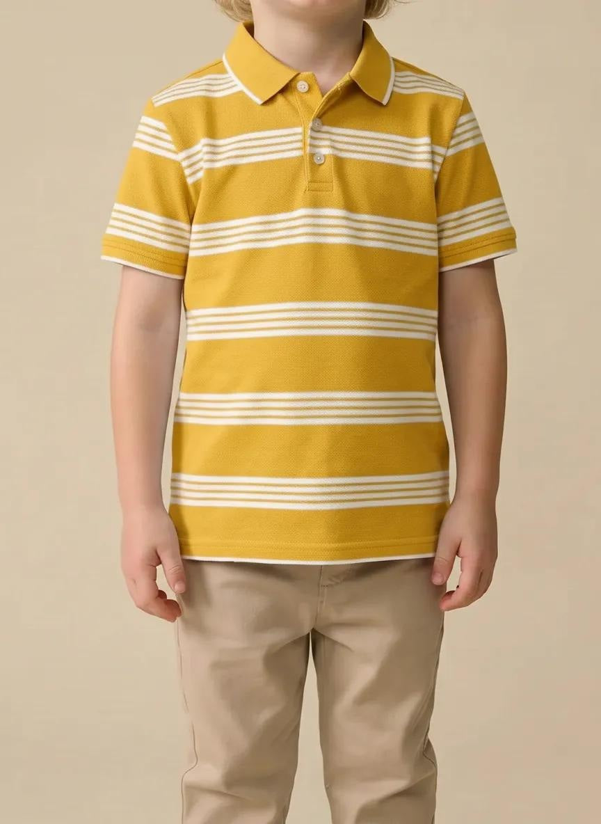 Boys Mustard Striped Polo Collar T-shirt