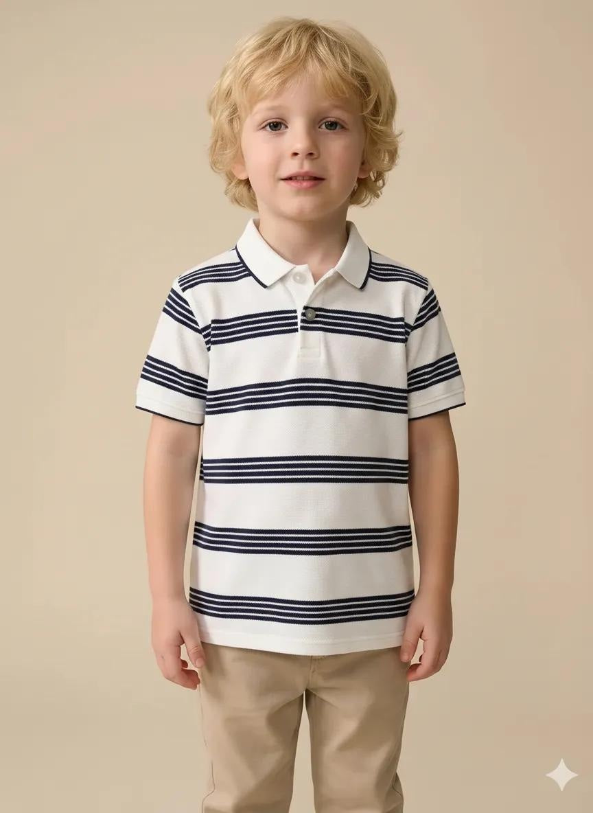 Boys White Striped Polo Collar T-shirt