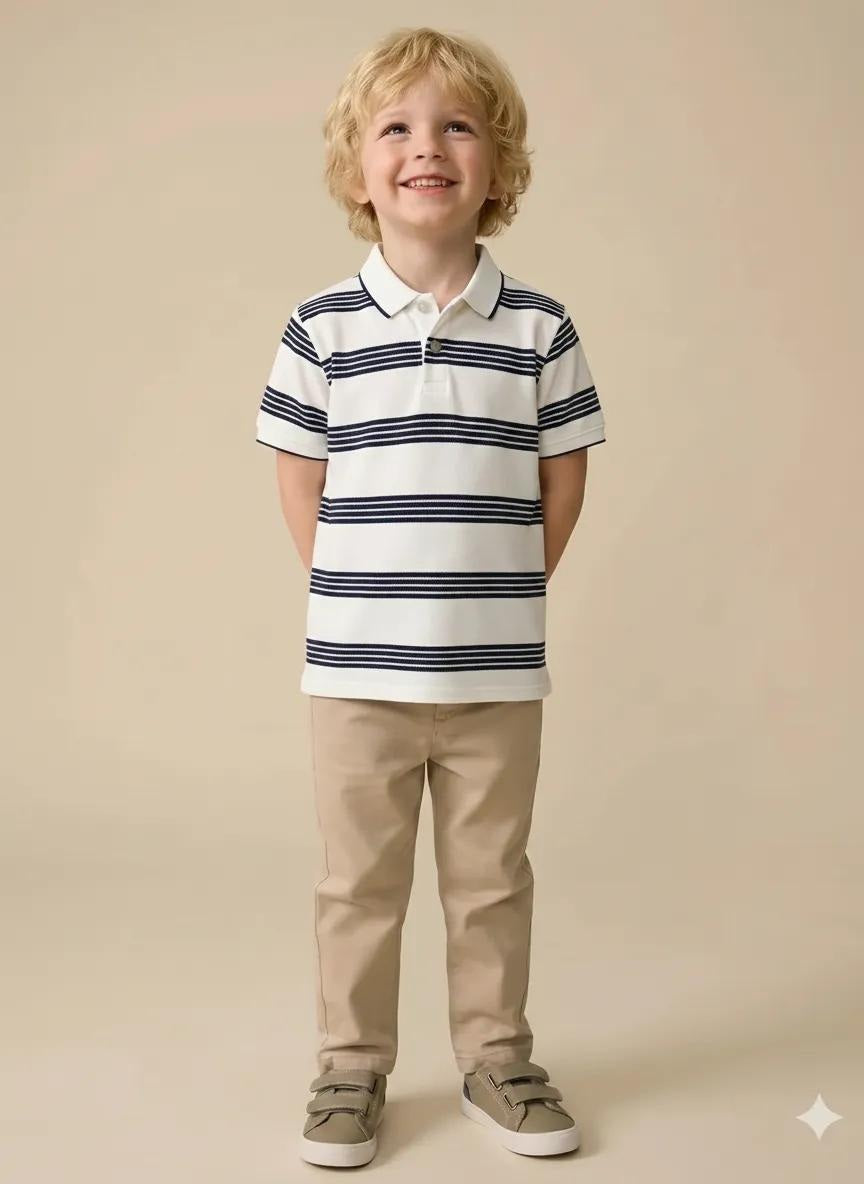 Boys White Striped Polo Collar T-shirt