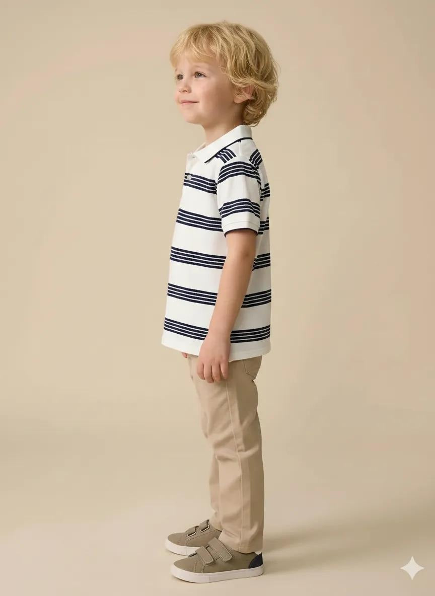 Boys White Striped Polo Collar T-shirt