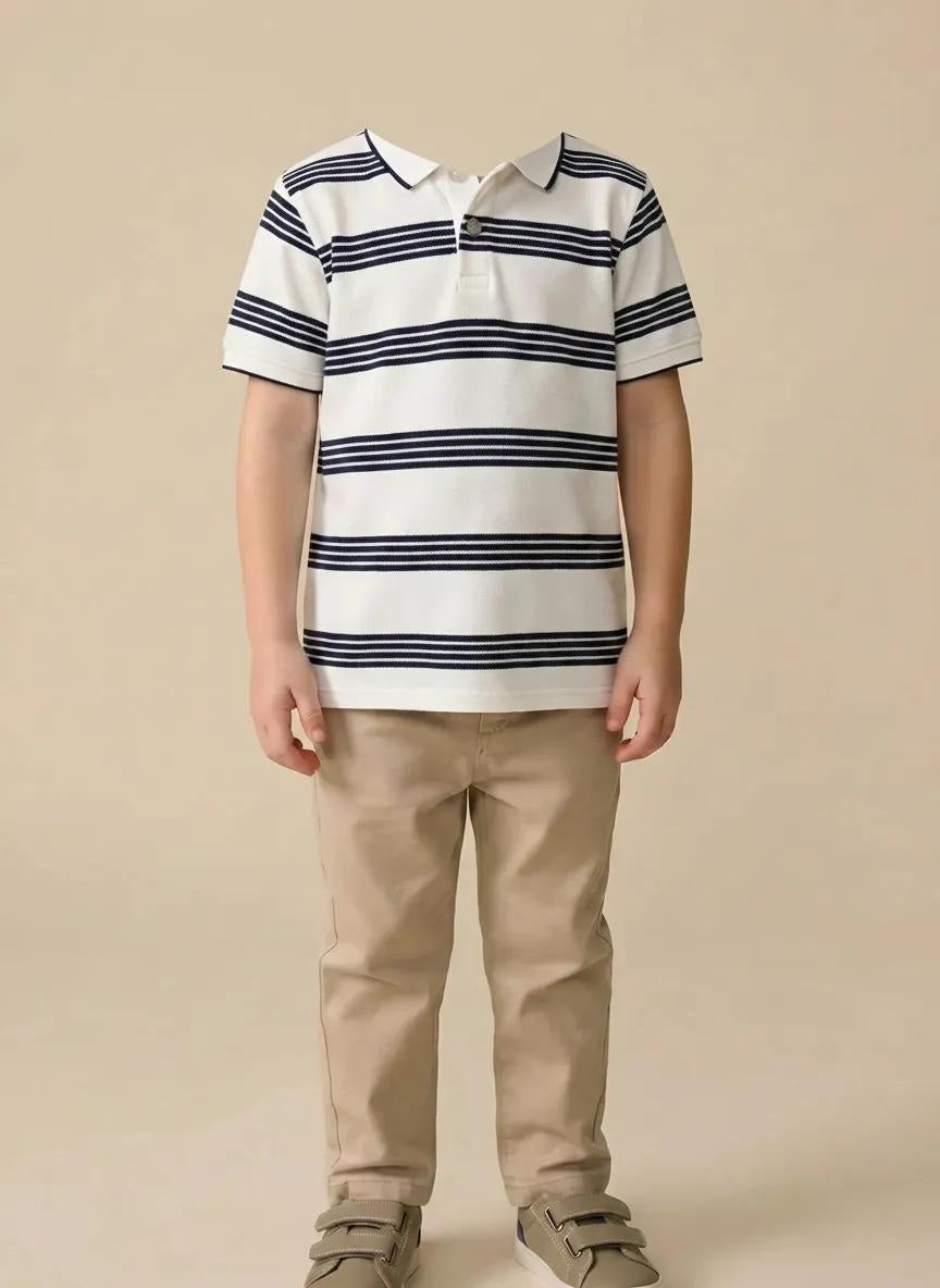 Boys White Striped Polo Collar T-shirt