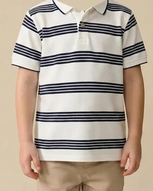 Boys White Striped Polo Collar T-shirt