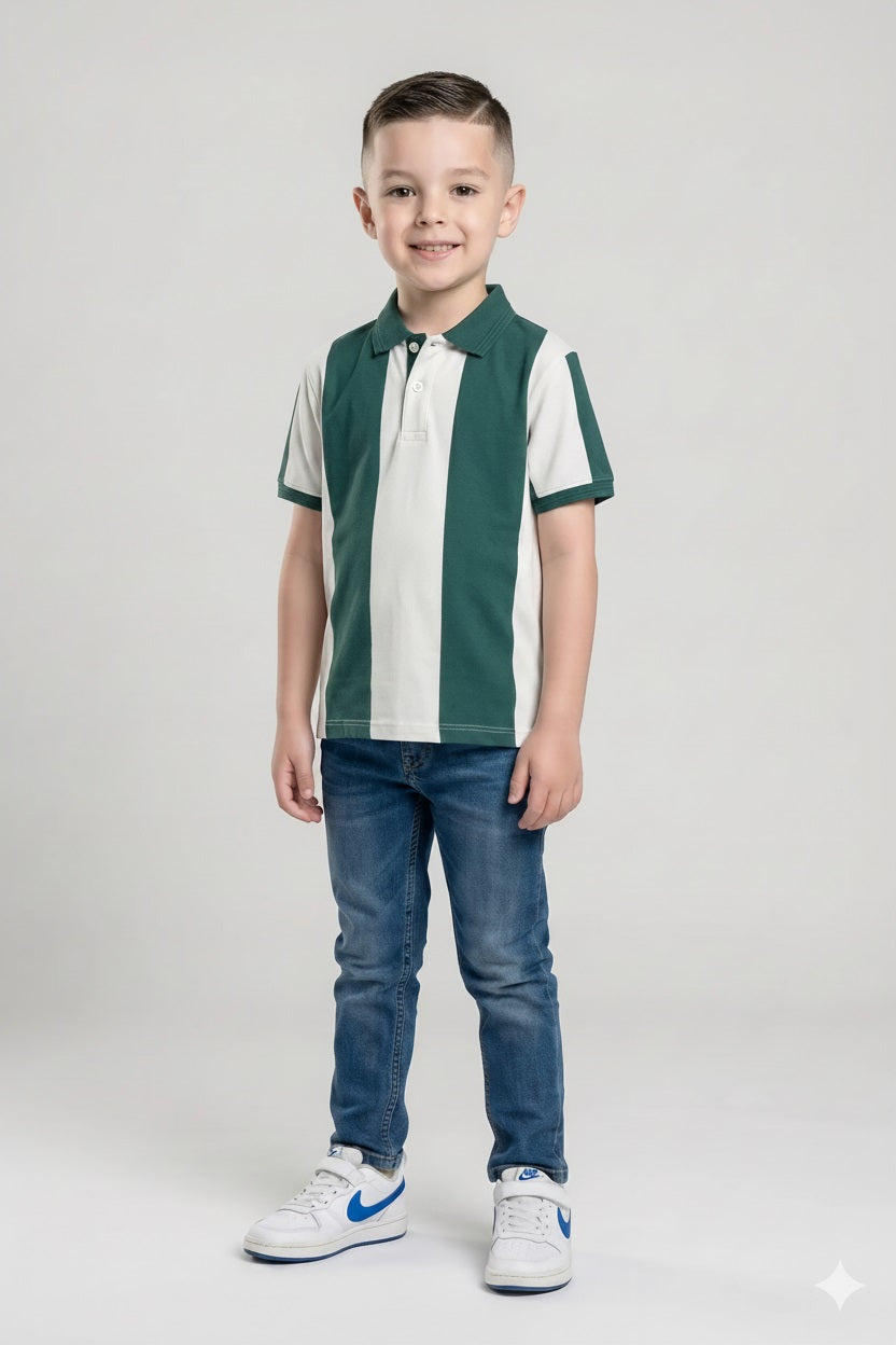 Boys Green Striped Polo Collar T-shirt