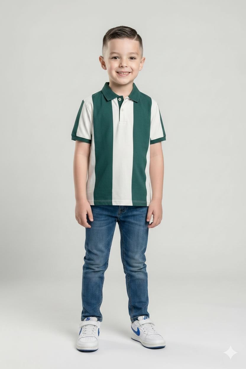 Boys Green Striped Polo Collar T-shirt