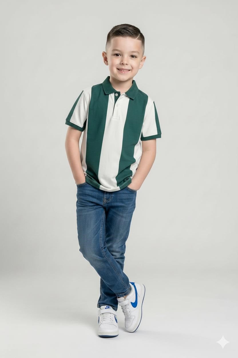 Boys Green Striped Polo Collar T-shirt